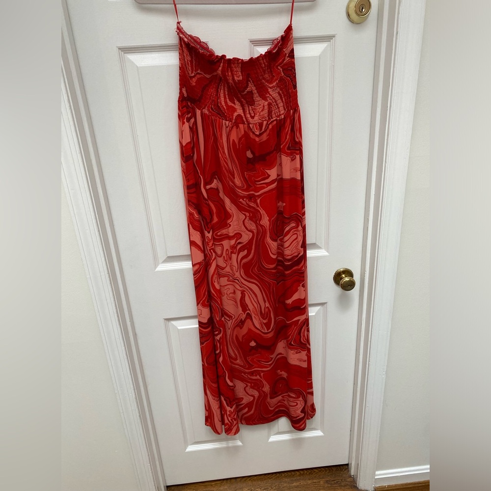 Michael Kors Red Marble-Print Strapless Maxi Dress - Small